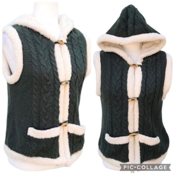 Carducci Cable Knit Green Vest Cream Faux Fur Trim Lined Hood Women’s Size Large - Picture 1 of 11